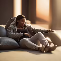 a woman is sitting on her side and talking on the phone