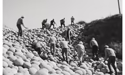 men working together to put out mounds of rocks