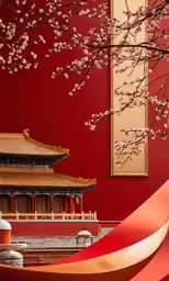 a tall red building sitting next to a tall tree