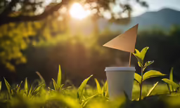 coffee cup and small triangle shape cut out from the ground with grass