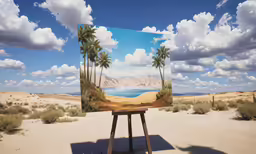 an easel is placed in a desert with an oil painting of a landscape