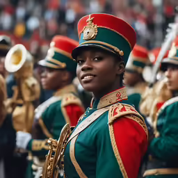a woman dressed in uniform and band with music instruments