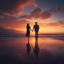 two people holding hands walking along a beach