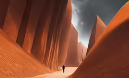 a man walking through an area with desert like formations