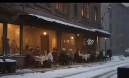 people outside a restaurant in the snow during night