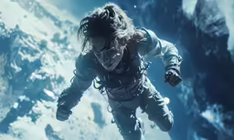 the alien in a space suit is in a mountain