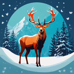 the deer stands in a snowy landscape with mountains and trees,a red deer with antlers is standing in the snow
