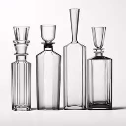 there are three glasses, a wine bottle and vases