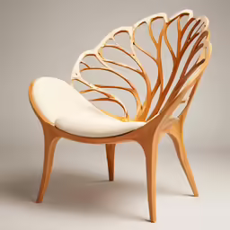 a wooden chair with curved backrest and seat