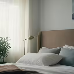 a bed with light coming from the window and two planters