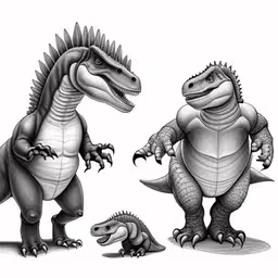 two lizards in costume for a show,two godzilla dinosaurs, one with a large head and the other large with a small body,two cartoon dinosaurs with their mouths open, one facing the other,two dinosaurs one is adult and the other has a child,a black and white drawing of two dinosaurs