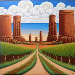 an abstract painting depicts the view of a dirt road,a painting is shown with many pillars and grass,a painting of a dirt road leading into some ruins and the water,an oil painting of some sort with tall brick towers,a painting of a road with towers by the ocean