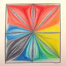 a colored image with an intersecting design in the middle,a colored pencil drawing of a large star