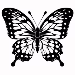 a black and white butterfly sitting on the ground,a butterfly on a white background with black dots