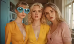 three young women in yellow outfits stand beside each other