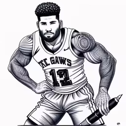 an image of a basketball player in the process of his drawing,a drawing of a man wearing an uniform with tattoos and a pen,a drawing of a man in his uniform,an ink drawing of a basketball player with tattoos and a ball in hand,an ink drawing of a person holding a pen and ball