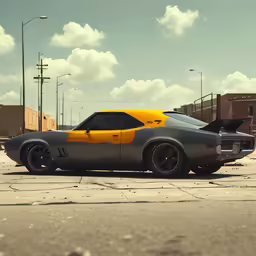 a sports car with a yellow hood and gray body sitting in a parking lot