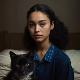a black and white cat and a woman with long hair