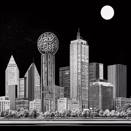 a black and white drawing of a city skyline with a full moon
