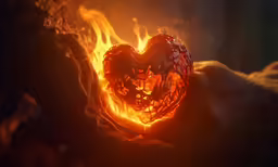 a heart that has been placed in front of some flames