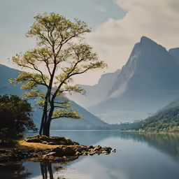 there is a tree next to the water