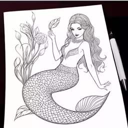 a coloring page with a mermaid and flowers