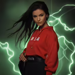 woman with her hair up wearing a red sweatshirt
