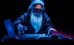 an old man using a laptop while dj mixing at a concert
