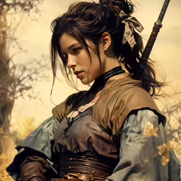 a woman is standing in front of trees and wearing brown gloves