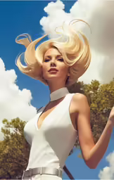 a woman with long blonde hair is looking ahead and she is in the process of doing her hair to her head