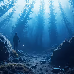 a person is standing on rocks in the middle of the forest