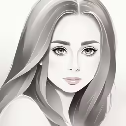 a black and white drawing of a woman with long, silver hair
