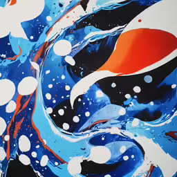 the painting shows blue and red with white bubbles