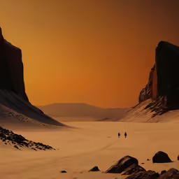 people walk in the desert near some mountains