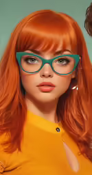 an redhead woman with glasses is posing for a portrait