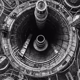 a black and white photograph of a tower in the middle of an intersection
