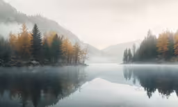 misty water surrounded by green trees and mountains