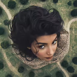 a woman is looking up with an eye ball