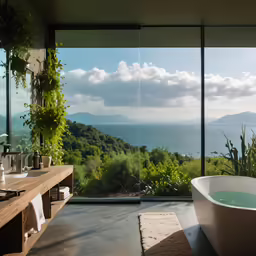 a bathroom area with a bathtub, vanity and glass walls that allow a view