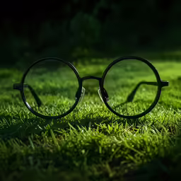 a pair of round black glasses sitting in the grass