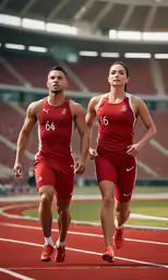 two athletes in track uniforms are seen on the sidelines