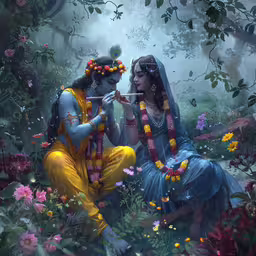 two beautiful female avatars sitting in flowers,a painting of a couple with flower garlands