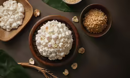 a table topped with three bowls filled with marsh and peanuts