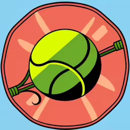 the ball has three tennis needles for an effective backboard technique,a green tennis ball and two tennis racquets on a red plate,a green ball and two tennis rackets sticking out of a red plate,two tennis balls on top of a red racket,two tennis ball and two wooden bats on an orange plate