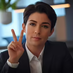 a man in a suit is making a v with his fingers