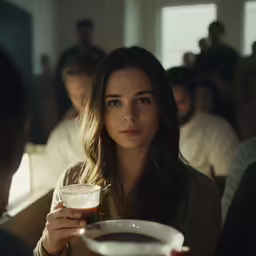 a woman sitting at a table holding up a beverage