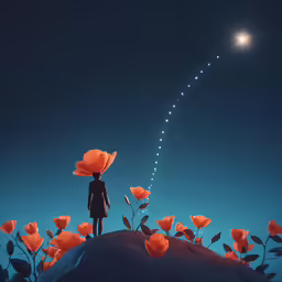 a person standing on top of a flower covered hill