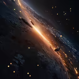 a futuristic space station in the sky with some lights