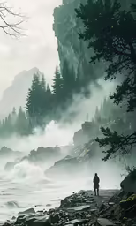 the person stands on a rocky shore by the water