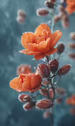orange flowers on blue background with water drops